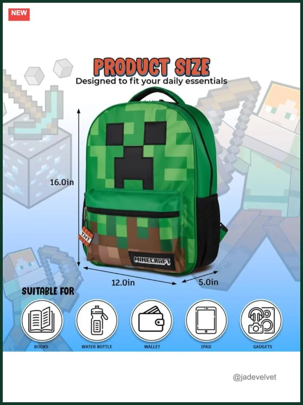 Minecraft Creeper Backpack for Kids, Polyester School Bag with Laptop Pocket,